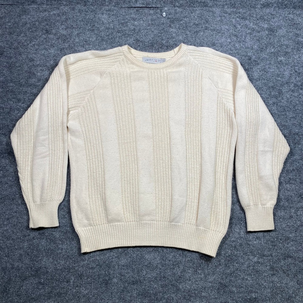Vintage Jantzen Mens Cream Ribbed Knit Cotton Sweater Made in USA Large L